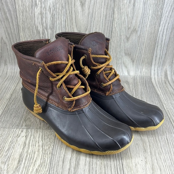 SPERRY MID CALF RAIN BOOTS SALTWATER CROC LEATHER DARK BROWN - Picture 1 of 10